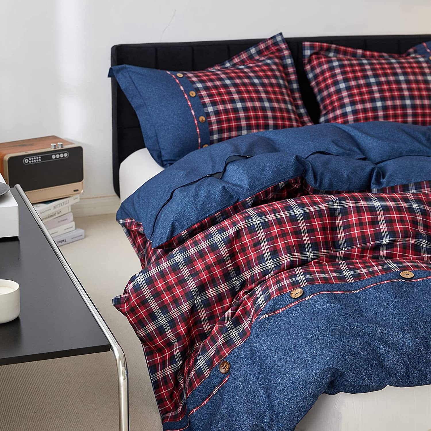 Simple&Opulence 100% Cotton Buffalo Check Plaid Printed Duvet Cover Set, 3 Piece Bedding Set Including 1 Comforter Cover and 2 Pillow Shams, Soft and Comfortable (Queen,Red)