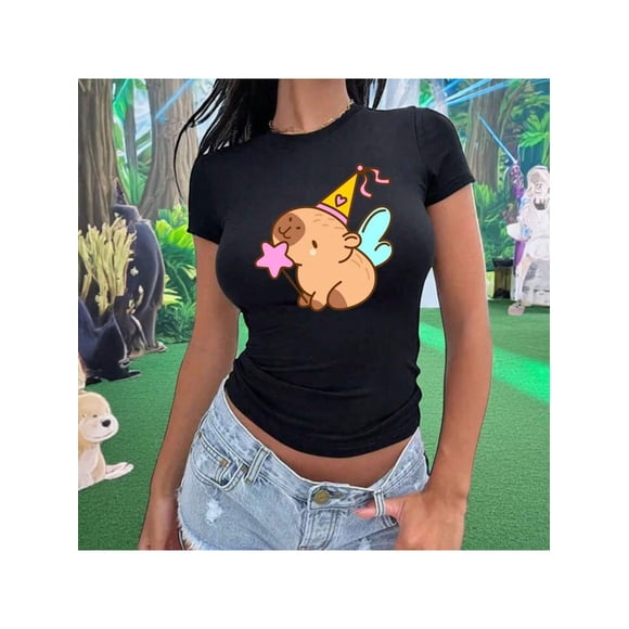 Playera CapyHada – La Capybara Más Mágica del Bosque Ropa Fashion Para Mujer Color Negro Talla Extra Grande Marca Emil SaEs