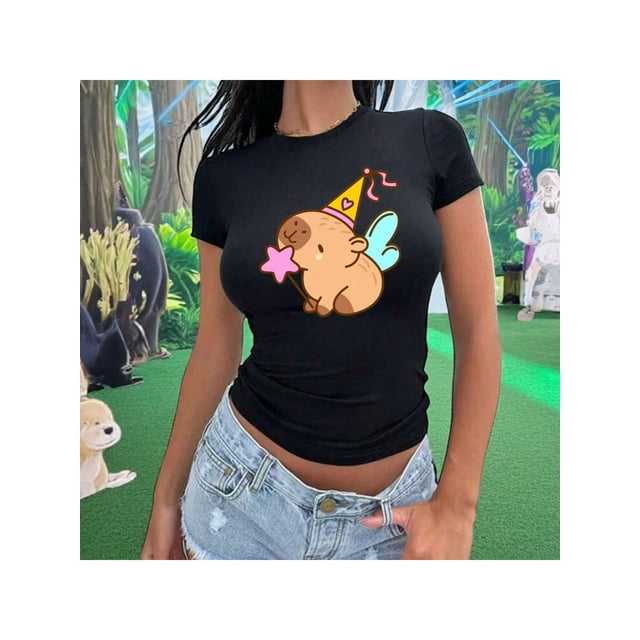 Playera CapyHada – La Capybara Más Mágica del Bosque Ropa Fashion Para Mujer Color Negro Talla Extra Grande Marca Emil SaEs