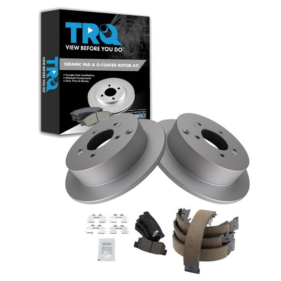 TRQ Rear Brake Pad & Rotor Kit Brake Pads Brake Rotor Parking Brake Shoe Set Ceramic Premium G-Coated Fits Select 2001-2006 Hyundai Santa Fe 2009 Tucson 2005-2010 Kia Sportage