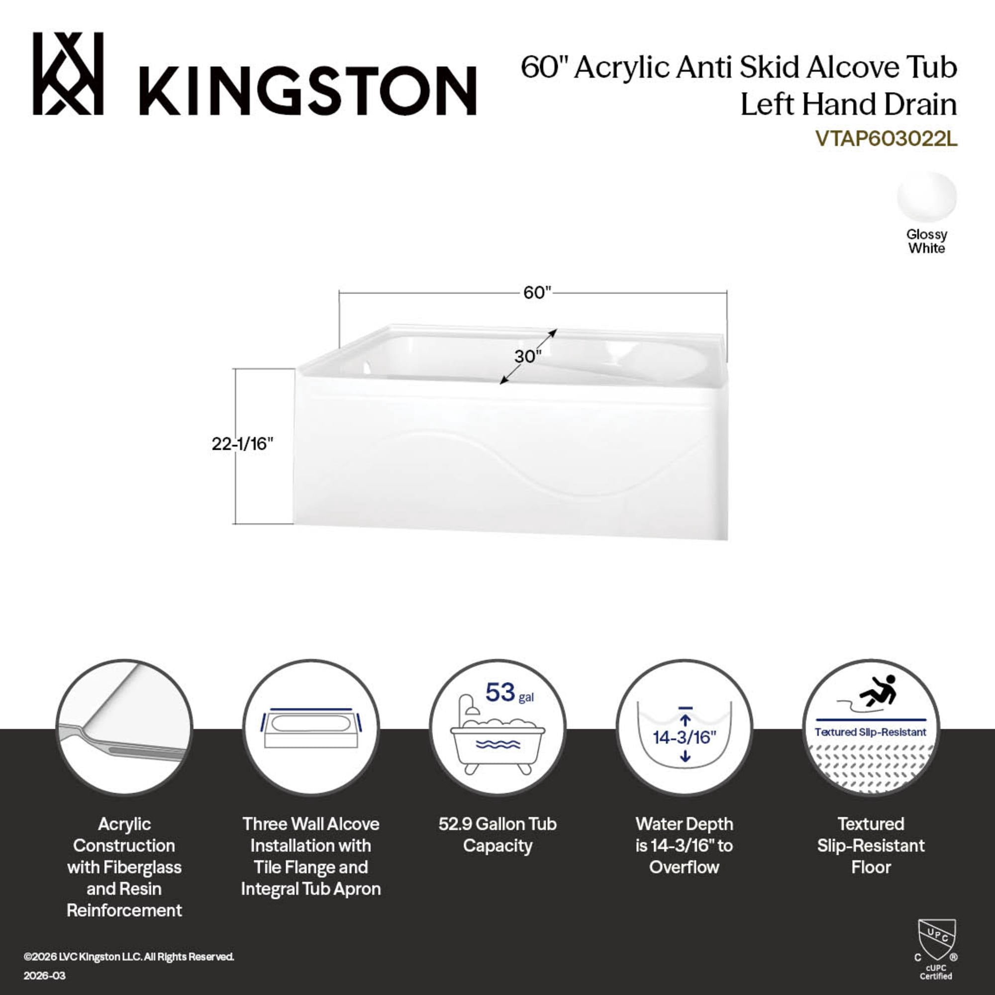 Aqua Eden VTAP603022L 60-Inch Acrylic Rectangular 3-Wall Alcove Tub with Anti Skid and Left Hand Drain Hole in Glossy White