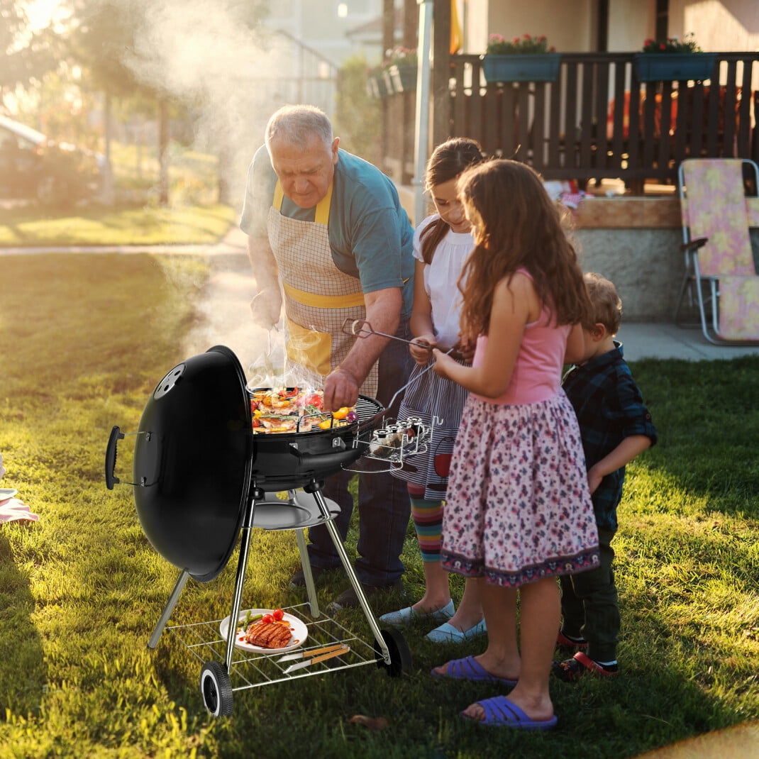 28 inch Charcoal Grill, Portable BBQ Grill with Wheels, Storage Holder, Porcelain-Enameled Lid, Ash Catcher & Thermometer, Round Barbecue Grill for Outdoor Backyard Camping