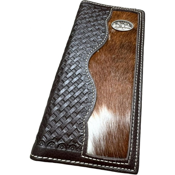 Western Stakes Mens Leather Long Wallet Basketweave Tooled Cow Hair Cowboy Praying Small Concho Checkbook Style Cowboy Hand Crafted High End Mens Wallets Leather Gifts For Men (Coffee)
