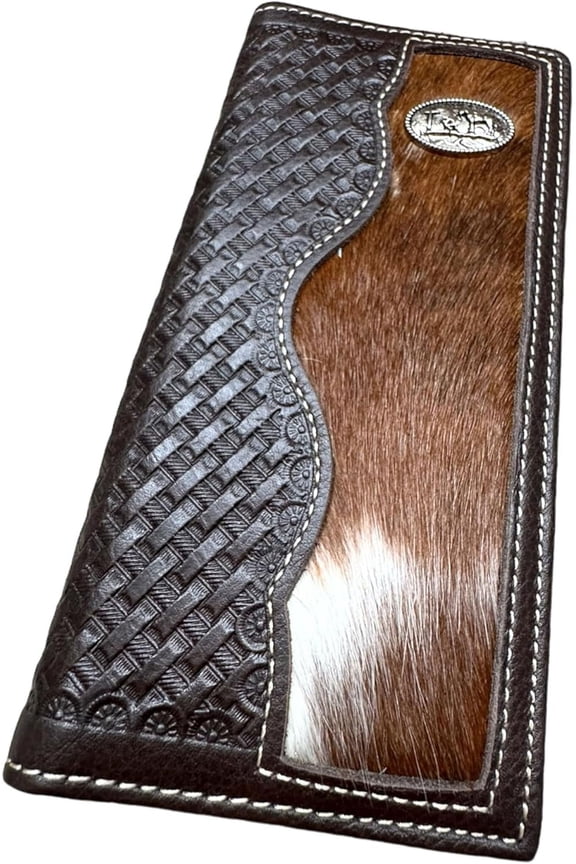 Mens Leather Long Wallet Basketweave Tooled Cow Hair Cowboy Praying Small Concho Checkbook Style Cowboy Hand Crafted High End Mens Wallets Leather Gifts For Men (Coffee)
