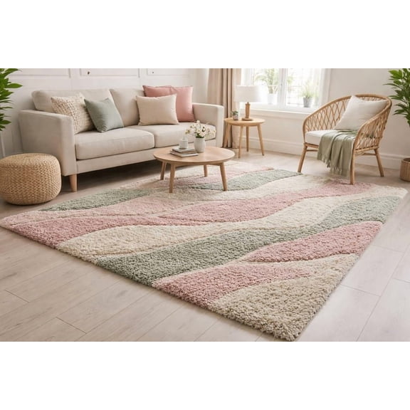 Wavy Ribbon Green Hand-Tufted Wool Area Rug with Abstract Wavy Ribbon Geometric Pattern ...