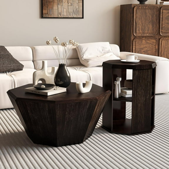 Vinsetto Octagonal Coffee Table Set, Walnut