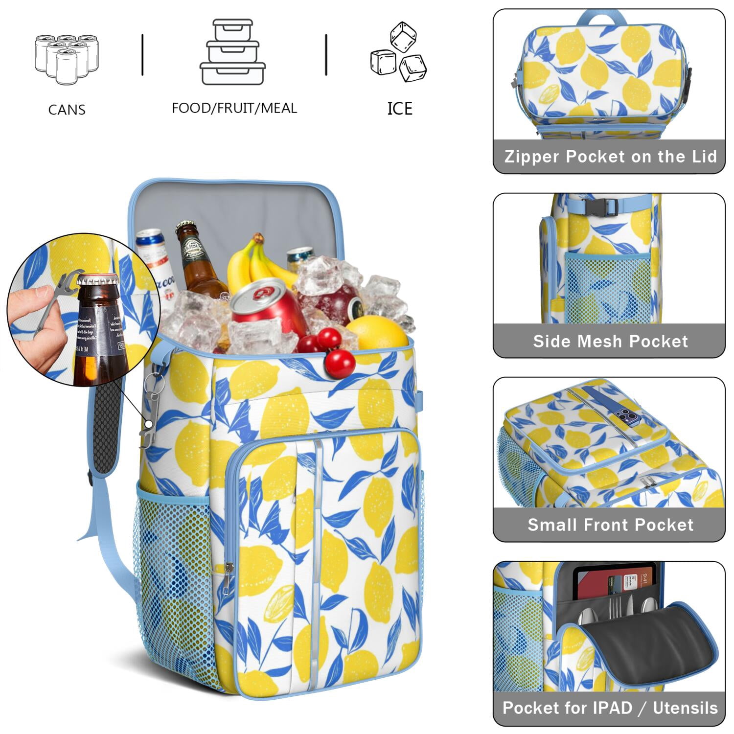 Travel Cooler Bag - Lemon Camping Beer Cooler Backpack with Bottle Opener- Waterproof Insulated Picnic Backpacks - Cooler Bag for Beach