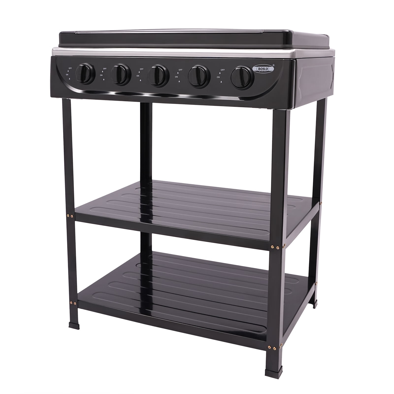 Aiqidi 5-Burner Gas Stove Portable Outdoor Cooking Gas Stove with 2 Tier Storage Shelf and Wind Blocking Cover for Camping Picnic BBQ (Black)