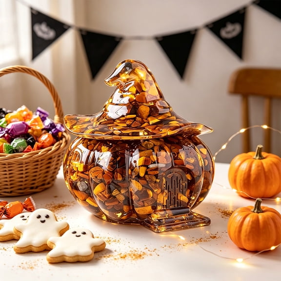 Halloween Witch Hat Candy Bowl with Lid Resin Crushed Stone Decorative Storage Jar Gothic Pumpkin Snack Holder Trinket Dish for Table Centerpiece Epoxy for Home Mantel Shelf Countertop 1 pc