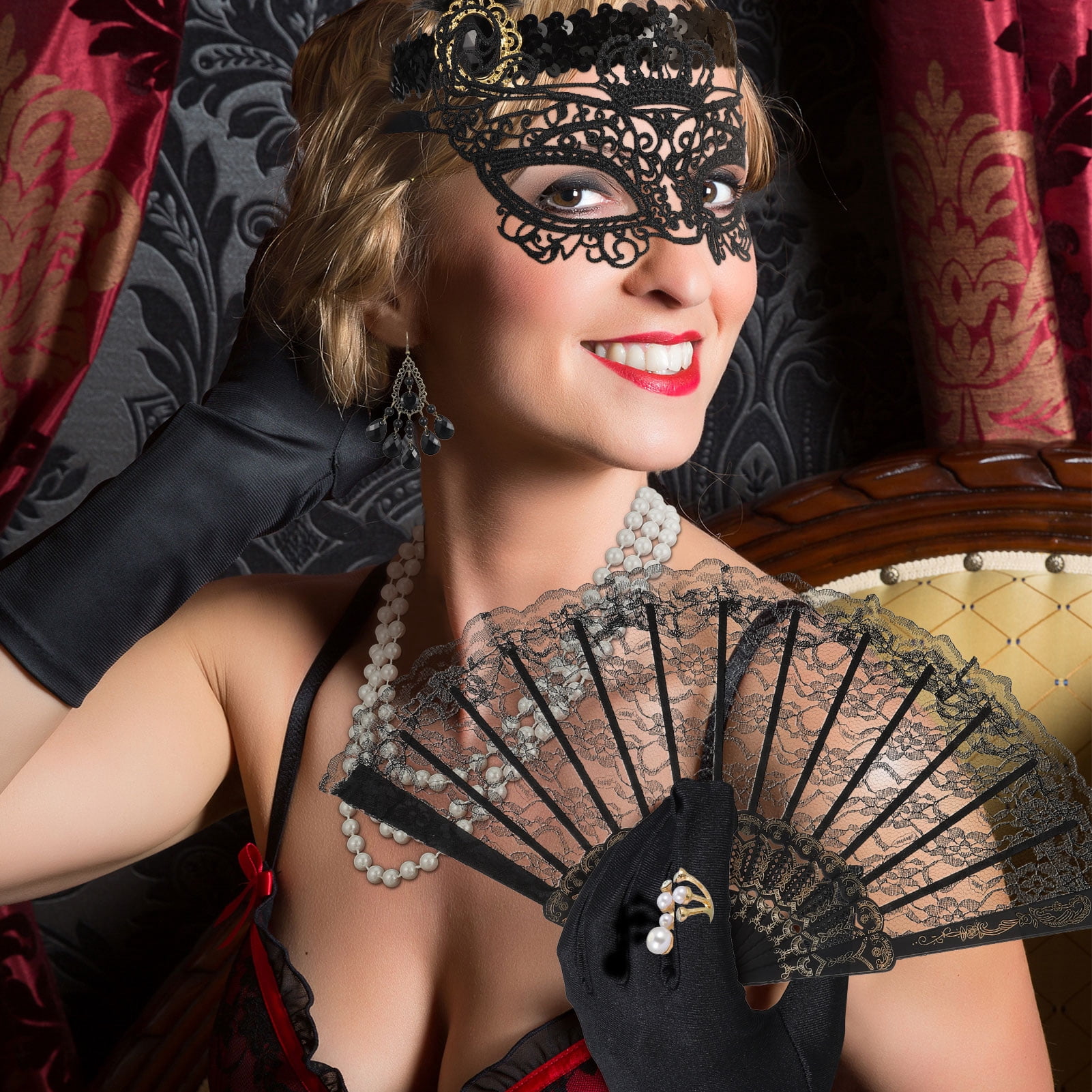 1920s Flapper Costume Accessory Set with Shawl Headband Jewelry Gloves 6pc sixwipe 13 Pcs 1920s Flapper Accessories Set for Women  main image 2