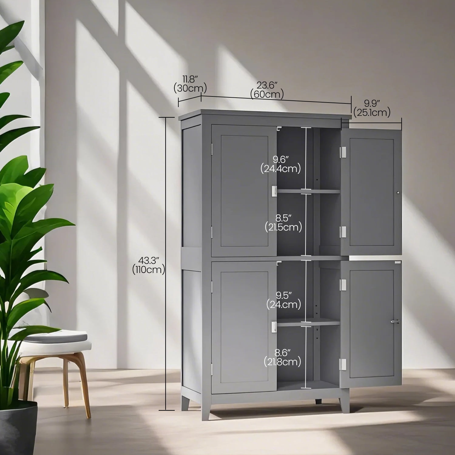 LEDREM Bathroom Storage Floor Cabinet Organizer with 4 Doors & Adjustable Shelves, 43" Wooden Pantry Cabinet Freestanding for Kitchen Living Room Small Spaces, Mystic Gray