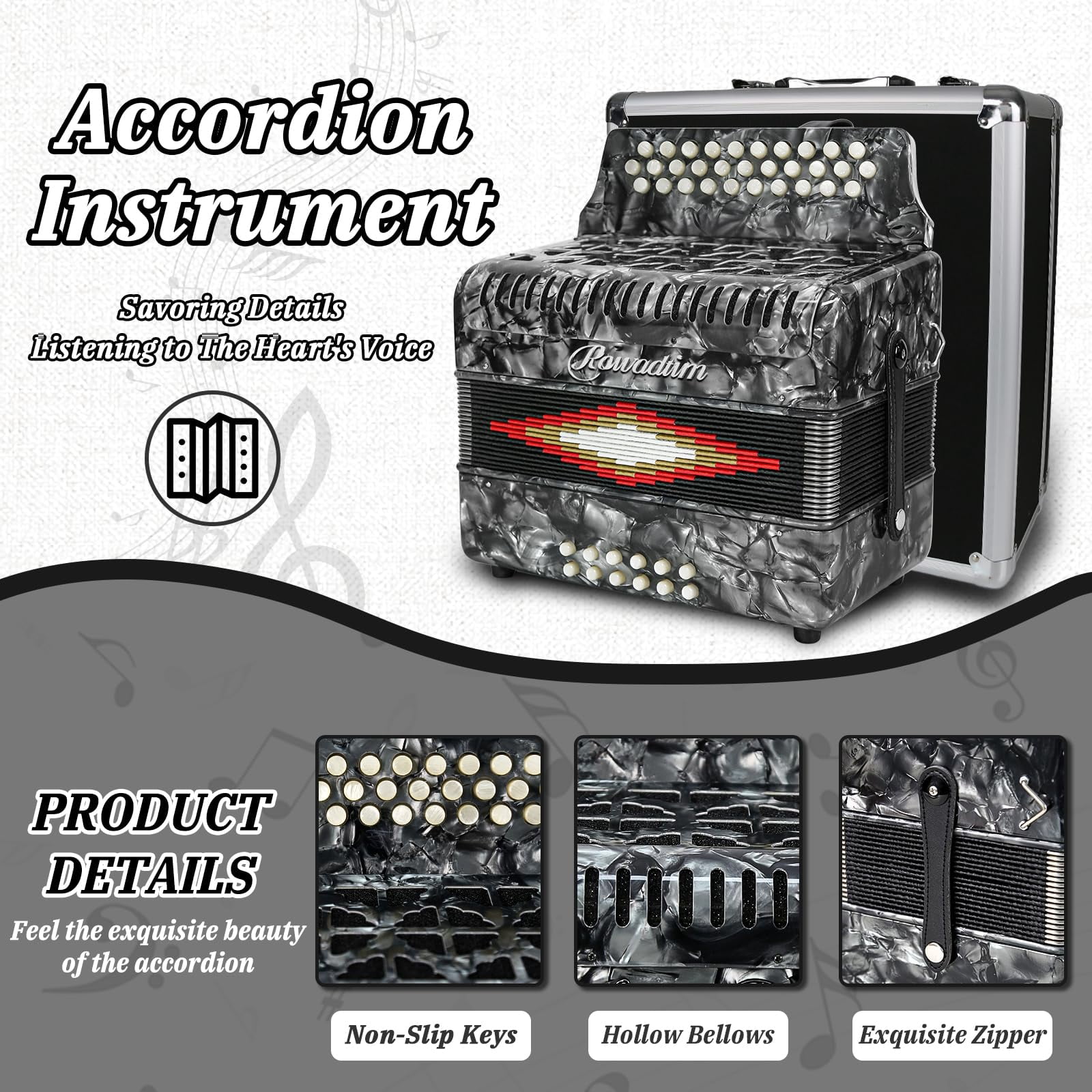Rowadtim Accordion - 31 Keys, 12 Bass Professional Diatonic, Premium Portable Button Accordion for Adults & Beginners with Thick Protective Case (Gray)