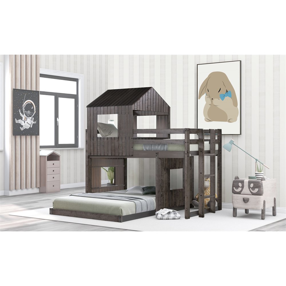 ASTARTH Wooden Twin over Full Bunk Bed, Loft Bed with Playhouse