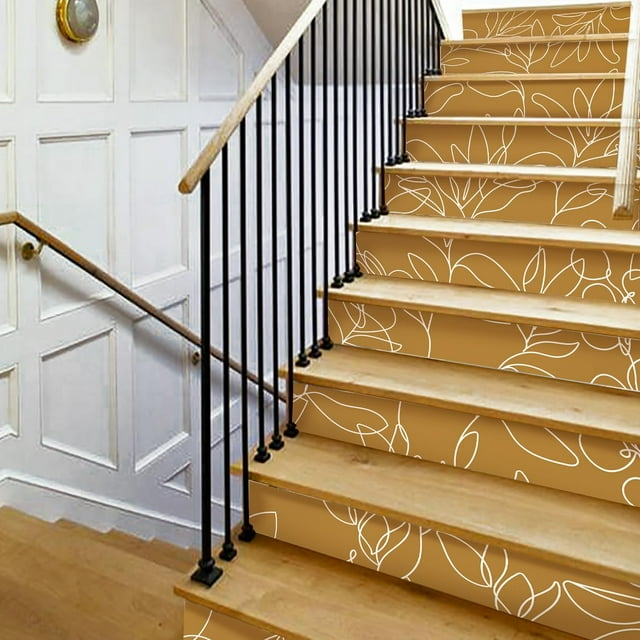Flortlias 15Pcs Leather Textured Vinyl Peel and Stick Stair Riser Decals, Self-Adhesive Staircase Riser Stickers, Textured PVC Abstract Boho Leaves, Mustard Background