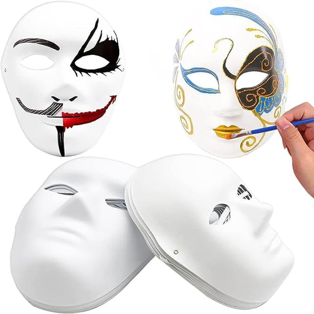 Paquete de 12 máscaras de papel maché, máscaras de cara completa, máscaras de papel blancas con 12 cuerdas atadas para Halloween, cosplay, fiesta de máscaras
