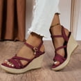 thumbnail image 3 of Rokment Women's Platform Wedge Dressy Sandals Stylish Casual Cross-Straps Espadrilles Chunky Heeled Beach Strappy Summer Shoes for Ladies Vacation Wine Size 7.5, 3 of 8