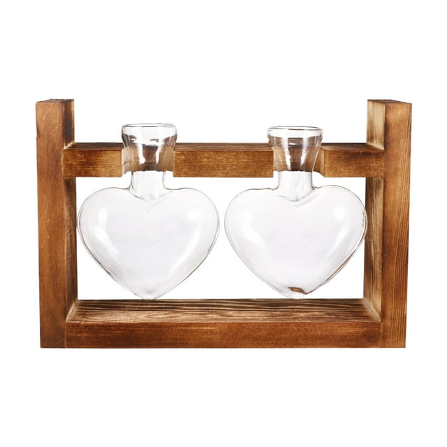 2Pcs Heart Shape Glass Vases Hydroponics Planter Green Plant Container Flower Arrangement with Wooden Rack (Retro)