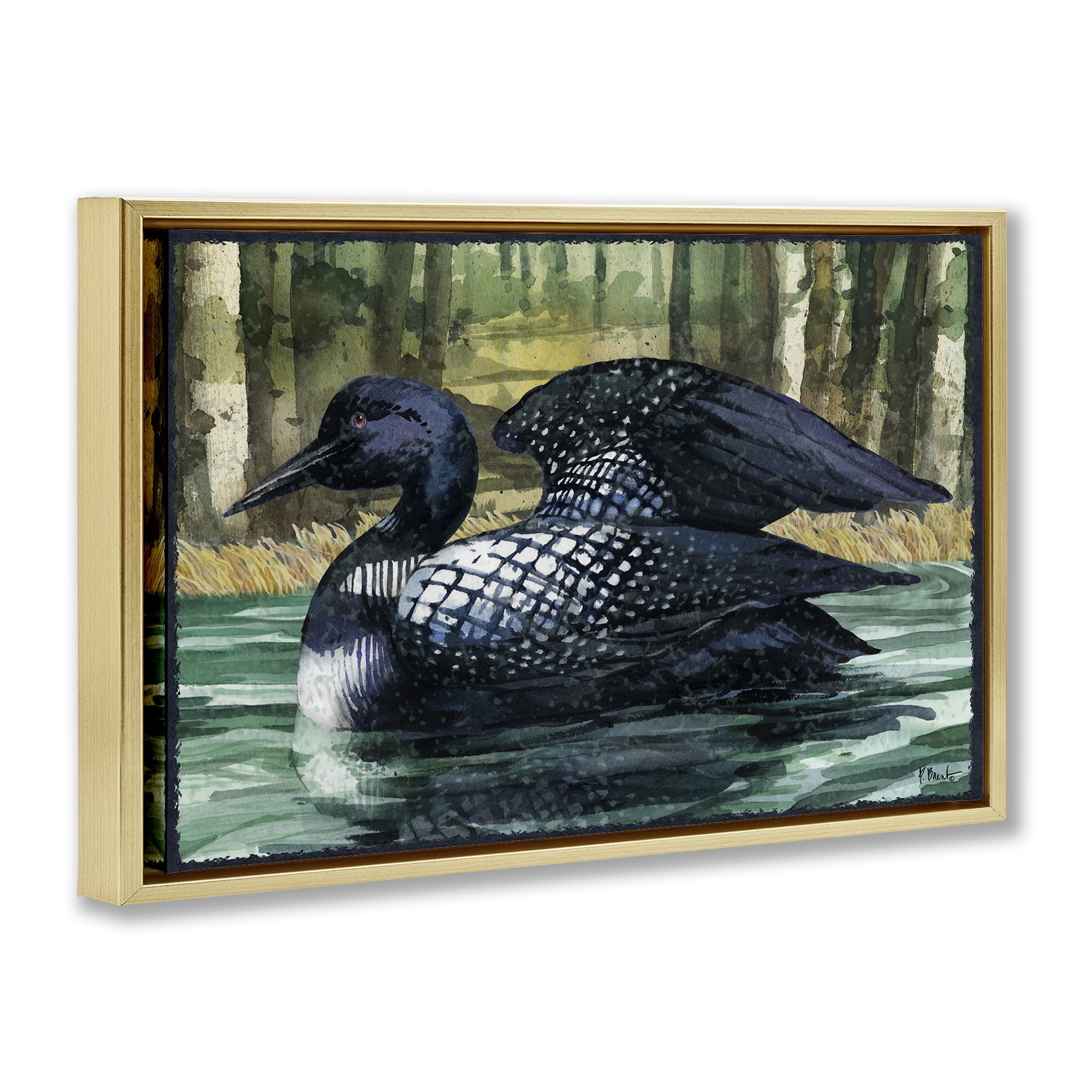 Stupell Industries Swimming Woodland Loon Animals Painting Gold Floater Framed Canvas Art Print Wall Art, 25 x 17