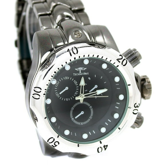 Men's Big Heavy black Clubbing watch 52mm 18mm thick case. 3 nonfunctional sub-dial, 24mm wide Black metal link bracelet fits 8 inches wrist.