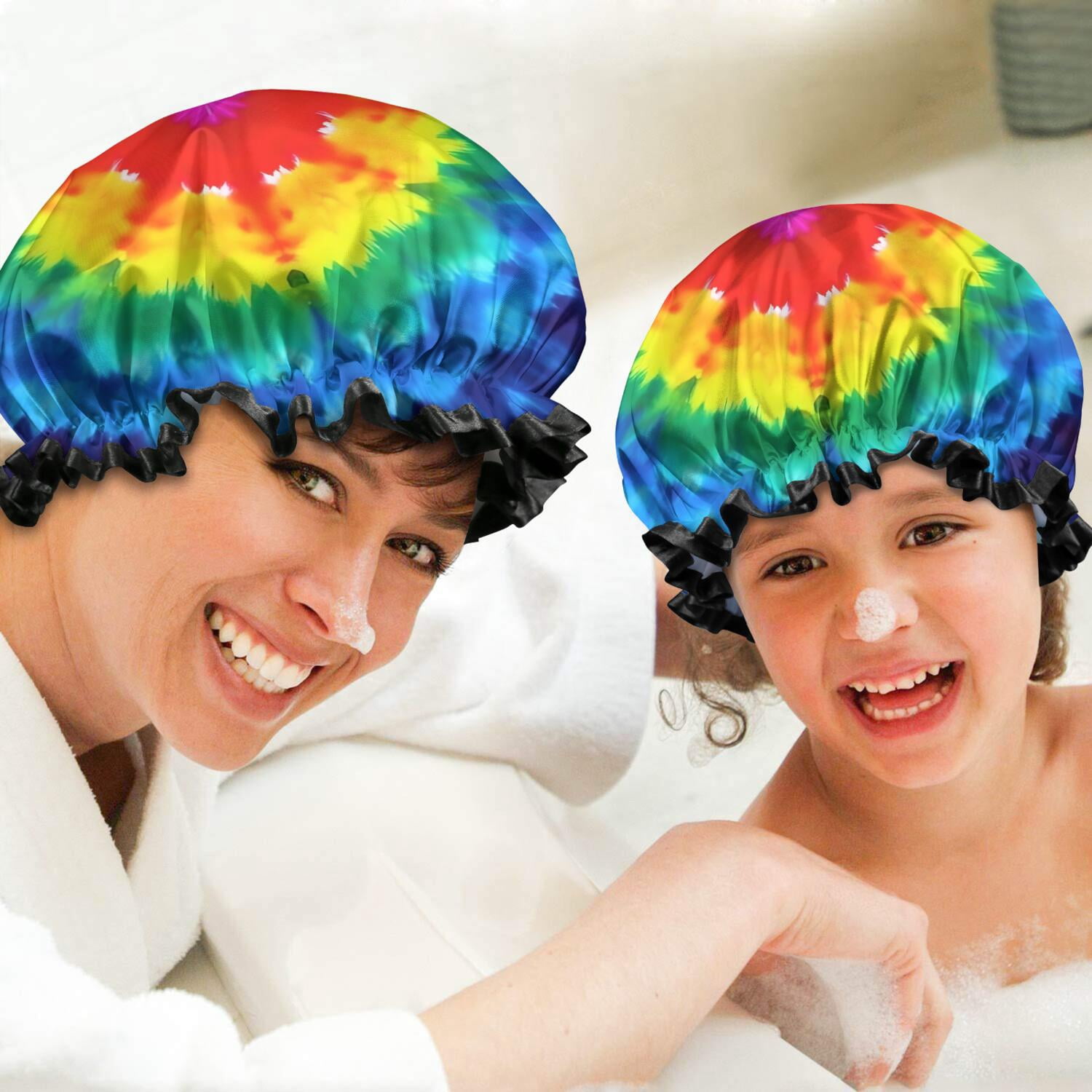 Shower Caps,Colorful Rainbow Tie Dye Spiral Pattern Waterproof Shower Cap for Women 4 Pieces,Double Reusable Hair Cover for Shower PEVA Elastic Stretch Hem