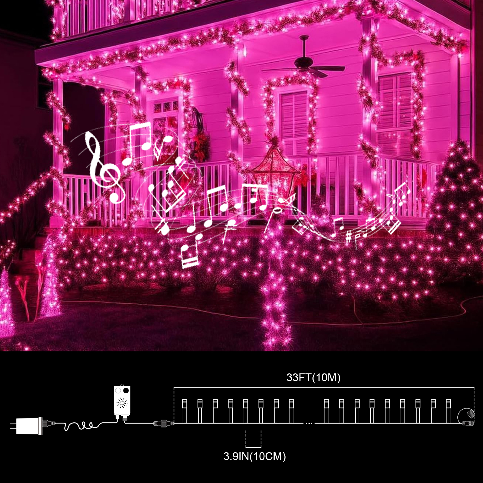 LAMPHOME 33ft Music Christmas Mini Lights,100 LED Fairy Starry String Light Plug in for Indoor Outdoor Xmas Tree Wedding Party Decoration (Pink)