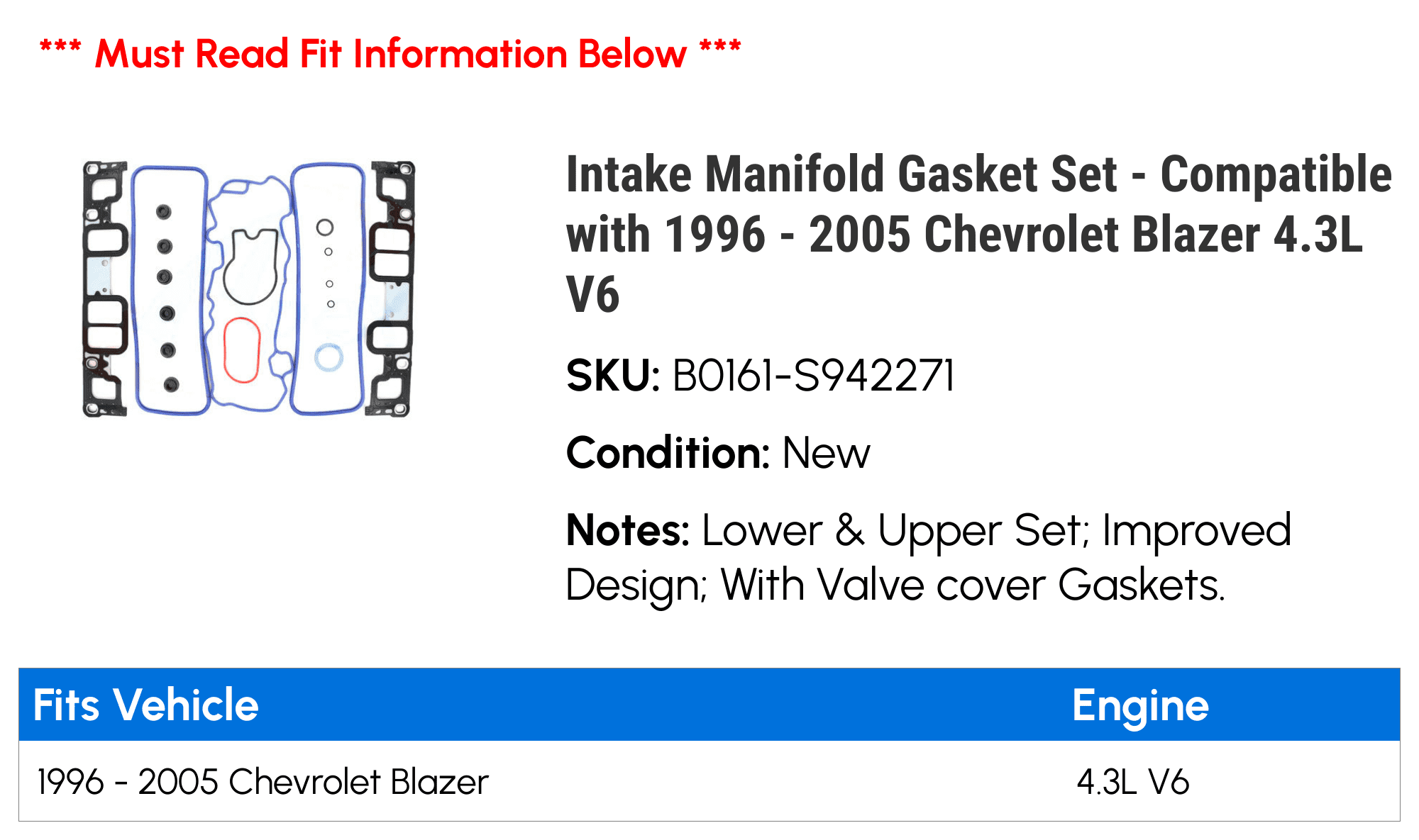 Intake Manifold Gasket Set - Compatible with 1996 - 2005 Chevy Blazer 4.3L V6 1997 1998 1999 2000 2001 2002 2003 2004