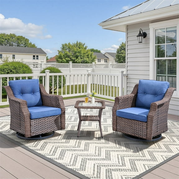 Yeahumalia Outdoor Patio Wicker Swivel Rocking Chair Glider Set of 2 with Side Table for Porch Balcony Backyard, Blue Cushions