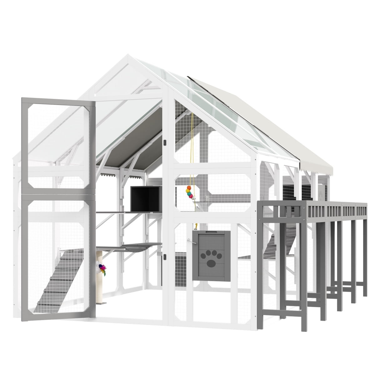 LuckyNote Large Outdoor Cat House with Planter Stand, Wooden Cat Enclosure with Resting Boxes, Hanging Bridge, Platforms, Walk-In Catio with Waterproof Cover
