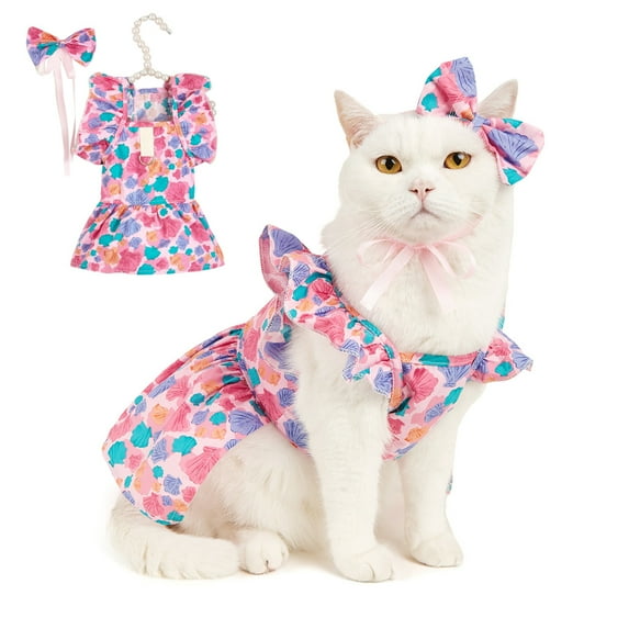 Cheers.US Pet Dress Flying Sleeve Adorable Windproof Breathable Good Ductility Floral Printing Protect Skin Summer Kitty Clothes Dog Outfits for Summer