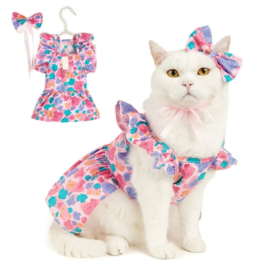 Cheers.US Pet Dress Flying Sleeve Adorable Windproof Breathable Good Ductility Floral Printing Protect Skin Summer Kitty Clothes Dog Outfits for Summer