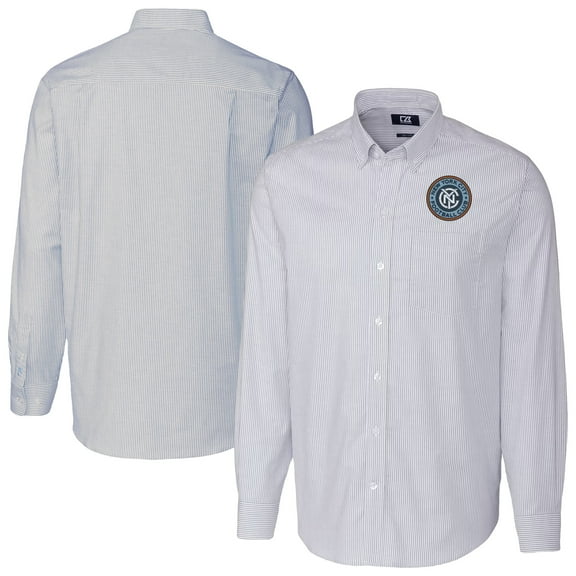 Men's Cutter & Buck Light Blue New York City FC Stretch Oxford Stripe Long Sleeve Tri-Blend Button-Down Shirt