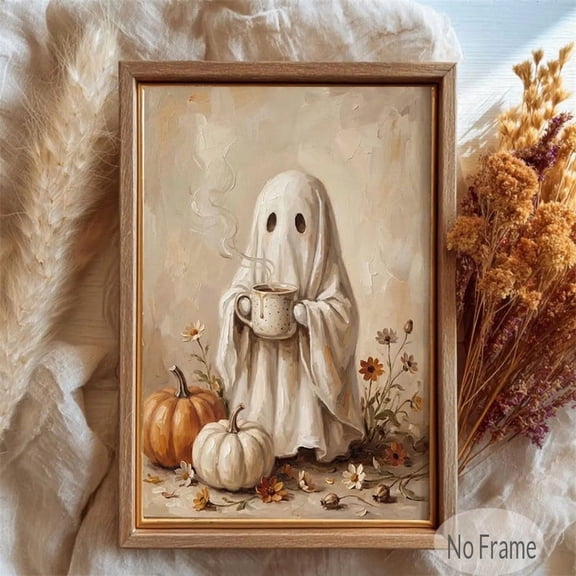 Ghost Coffee Wall Art Poster Vintage Autumn Prints Canvas Painting For Halloween Decor Unframed 20L" x 12W"
