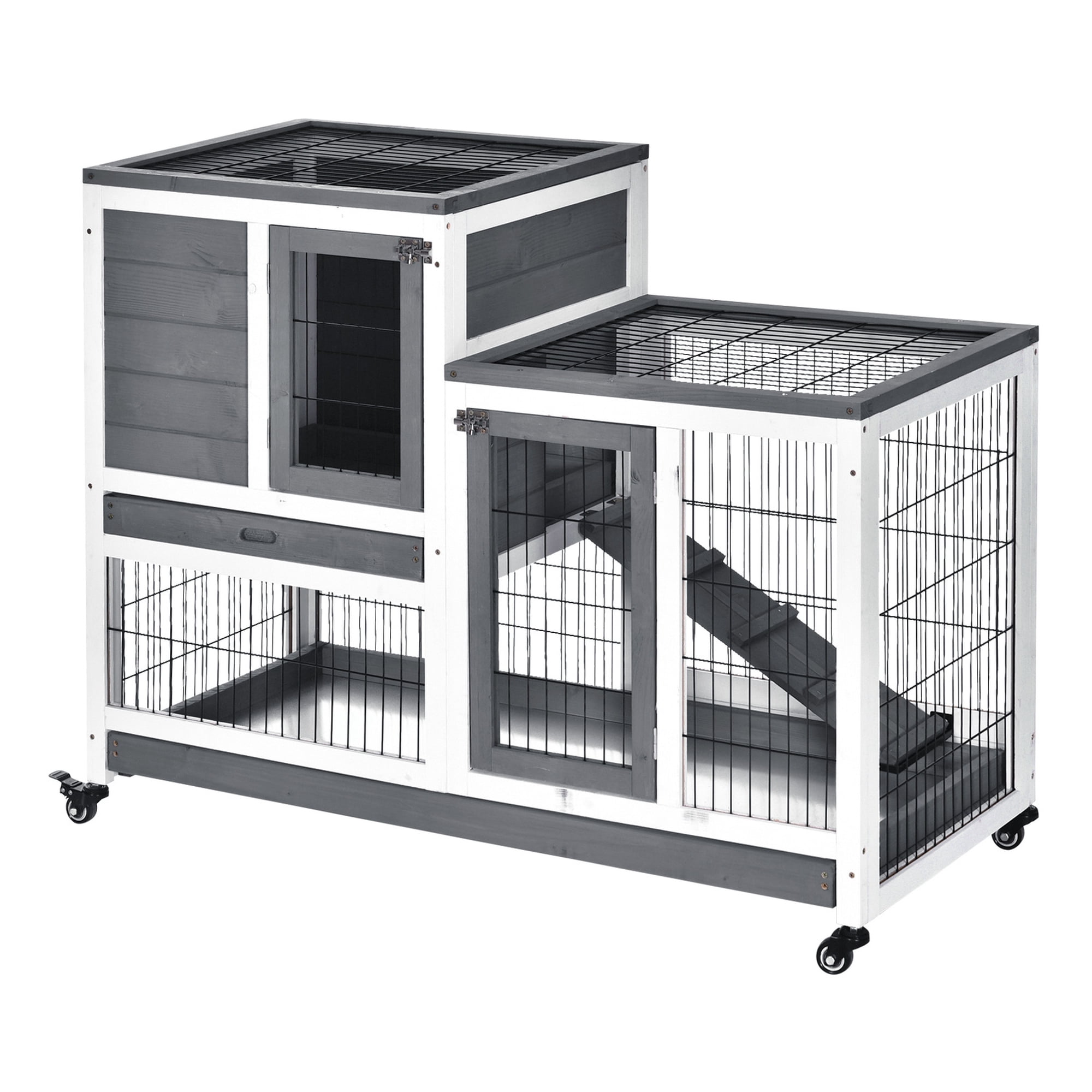 Rabbit Hutch Wooden Bunny Cage Elevated Indoor Outdoor Small Animal Habitat with Wheels, Ramp, Removable Trays for Rabbits, Guinea Pigs - Gray