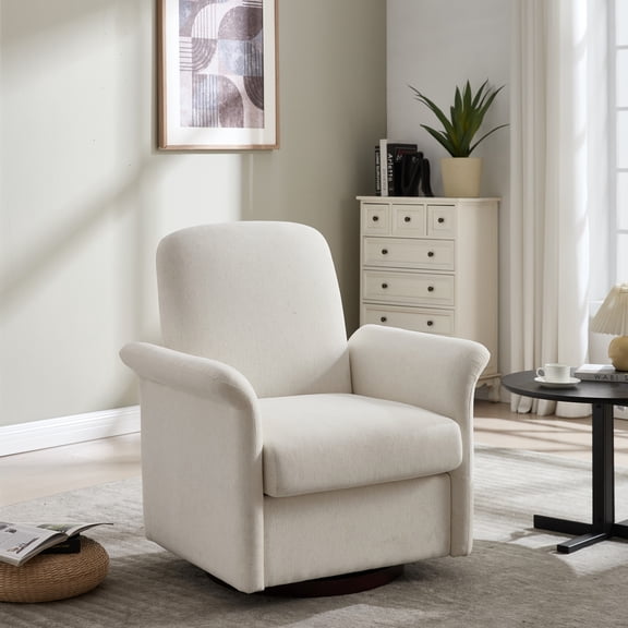 Noble House Modern Linen Swivel Barrel Accent Chair, 360 Degree Wood Base, Cream