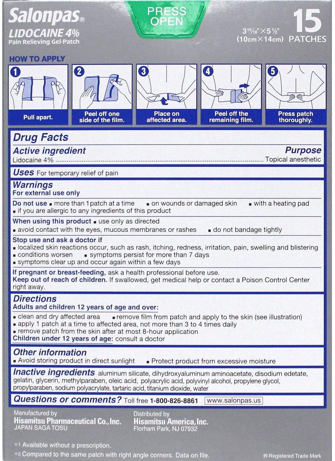 Salonpas Licodaine Pain Relieving Maximum Strength Gel Patch 15 Patches - 2 Pack