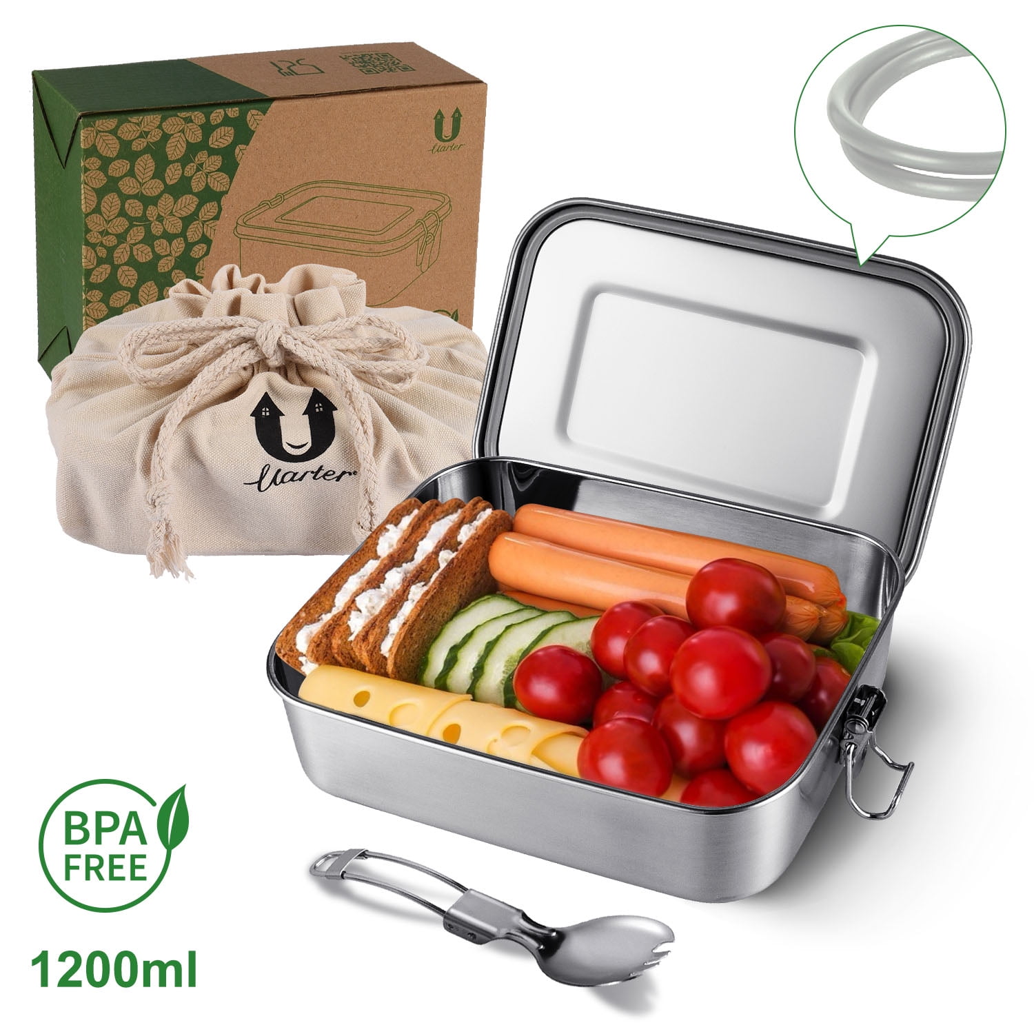 1200mL Trio Stainless Steel Lunch Container with Foldable Spork, Three