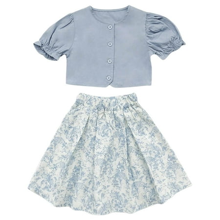 

Hwmodou Children Girls Outfits Spring Summer Set Solid Color Tops Floral Skirts Summer Outdoor Casual Fashionable Suit