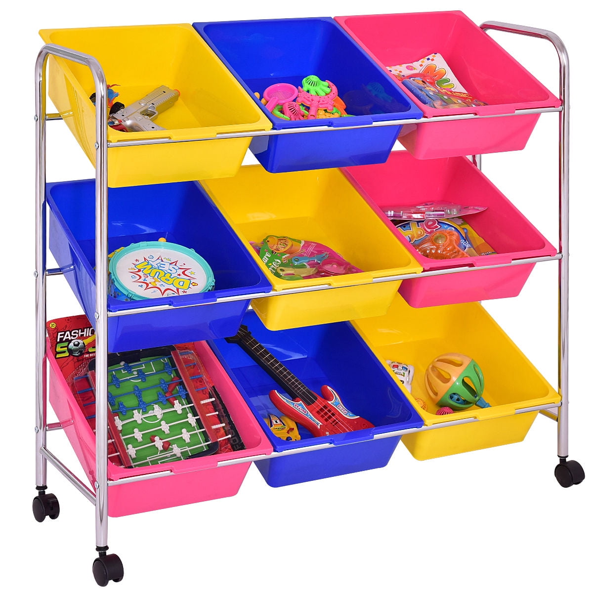 multi colored toy storage bins