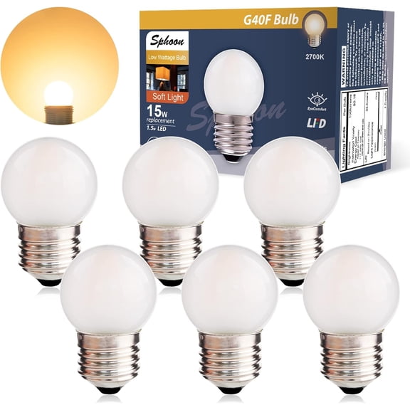 G40 Low Watt LED Light Bulbs 1.5W Soft Warm White 2700K G14 Energy Saving Bulb 15 Equivalent Lights Standard Base E26 Night for Bathroom Bedroom 150 Lumen 90  Ra Pack of 6
