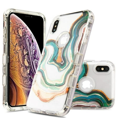 Apple iPhone XS Max (6.5 inch) (2018 Model) Phone Case Tuff Hybrid Shockproof Impact Rubber Dual Layer Hard Soft Protective Hard Case Cover Transparent Teal Marble Stone Case for iPhone XS Max