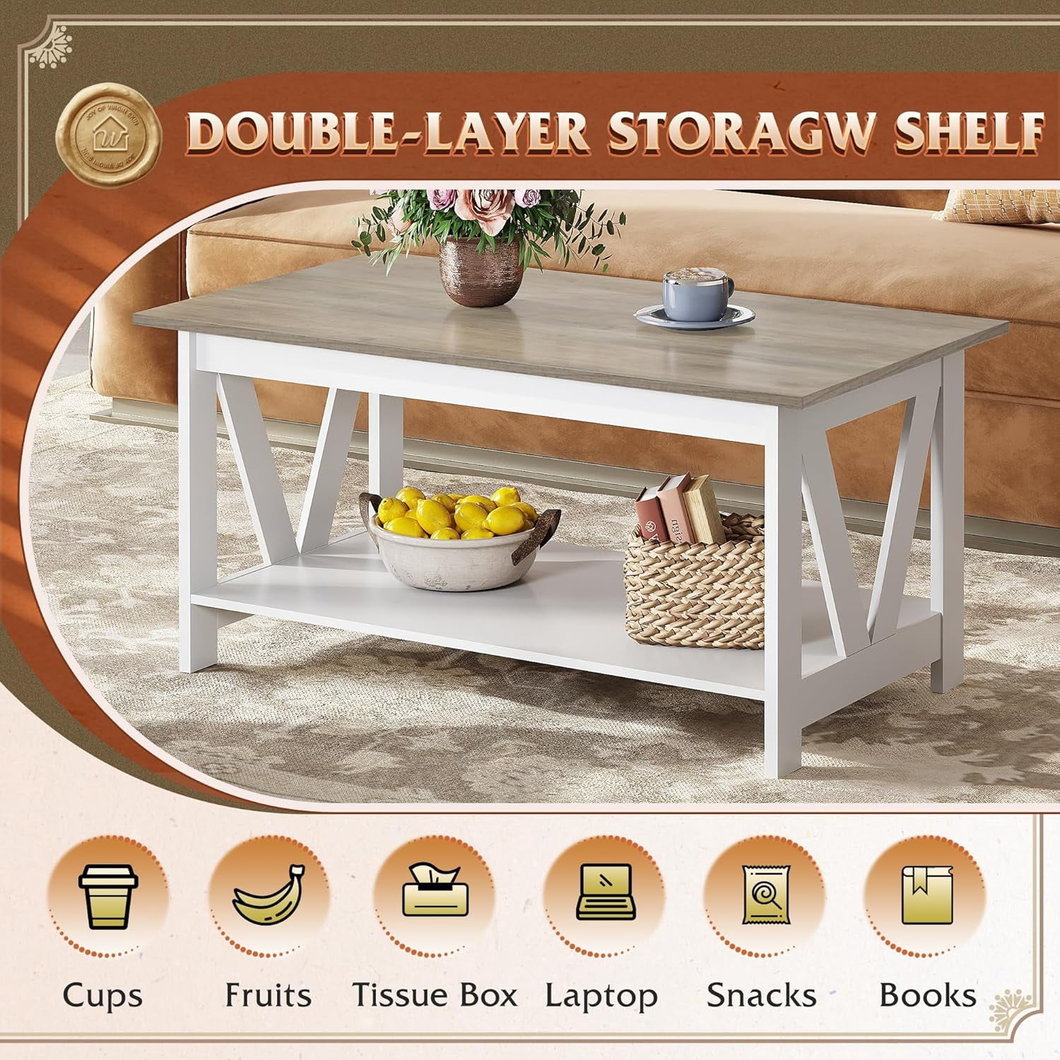 GALAXHERO 39.4" Coffee Table with Storage Shelf Farmhouse Coffee Table with V-Frame Support 2-Tier Wood Rustic Center Table for Living Room, Bedroom & Balcony, Greige & White