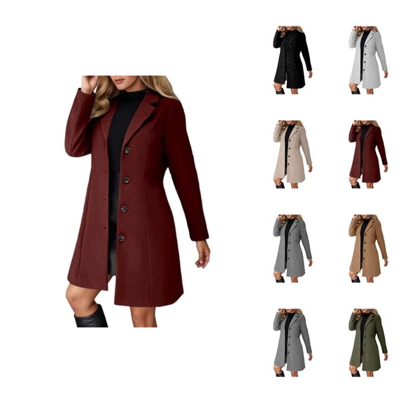 Long Wool Coat for Women Long Sleeve Notch Collar Single Slim Fit Open Front Jacket Work Office Cardigan