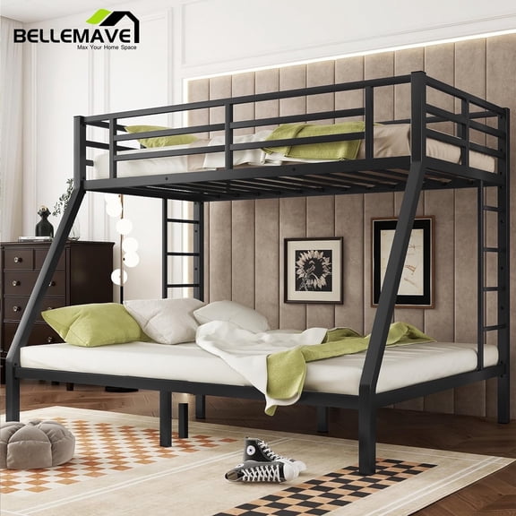 Bellemave Metal Bunk Bed Twin XL over Queen Bunk Bed, Heavy Duty Bunk Bed Frame with Ladder and Full-Length Guardrails for Adults, Teens, No Box Spring Needed, Black