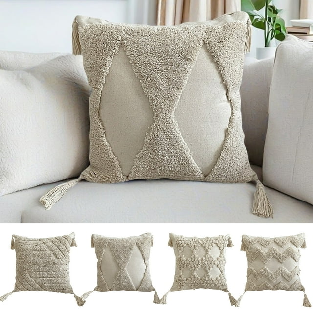 Funda de almohada Boho 17x17 | Funda de cojín decorativo a rayas con mechones | Dorso de lino | Diseño multicolor | Cremallera extraíble | Sofá Sofá Cama Decoración | 1 paquete | Funda de almohada