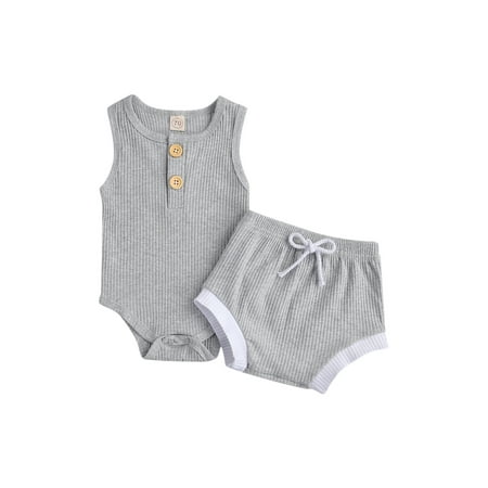 

jaweiw Solid Color Baby Boys Girls Ribbed Outfit Set Sleeveless Buttoned Round Neck Romper Elastic Head Shorts