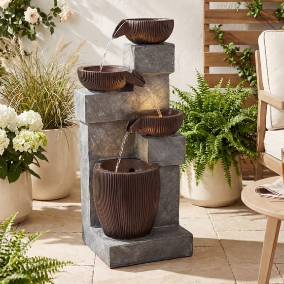ELLEGNT 32" Outdoor Water Fountain with LED Lights – 4-Tier Cascading Fountain for Patio, Deck, Backyard, Balcony