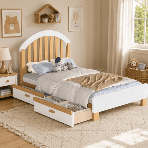 Miniyam Twin Size Kids Bed Frame with Storage Drawer, Wooden Platform Bed, White & Natural