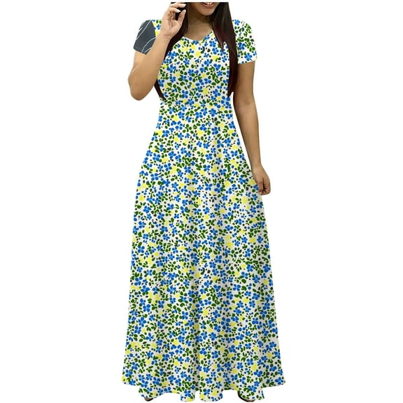 gakvbuo Summer Dress For Women Maxi Dress T-Shirt Dress Ladies Women Short Sleeve Round-Neck Dress Printed Long Dresses Pocket