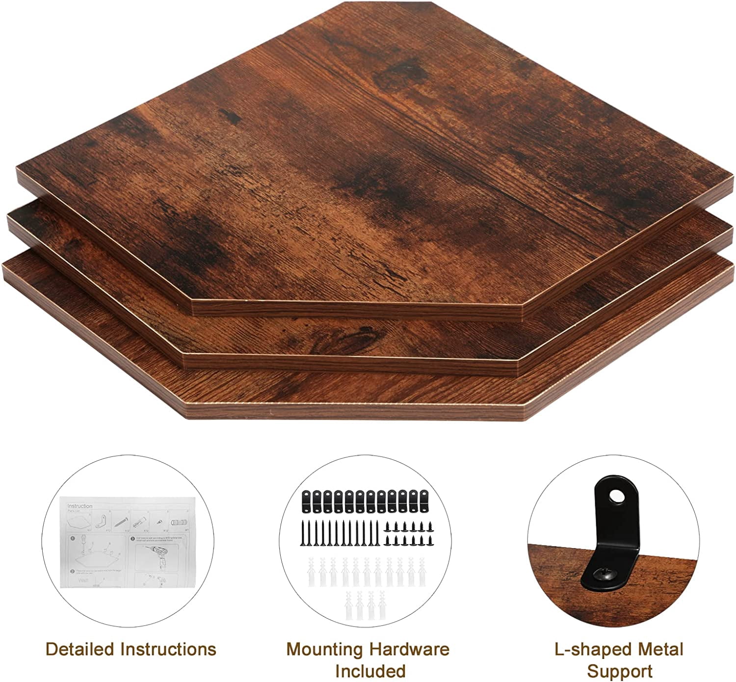 Set of 3 Floating Corner Shelves, Burnt Brown Wall Mounted Wood Shelves