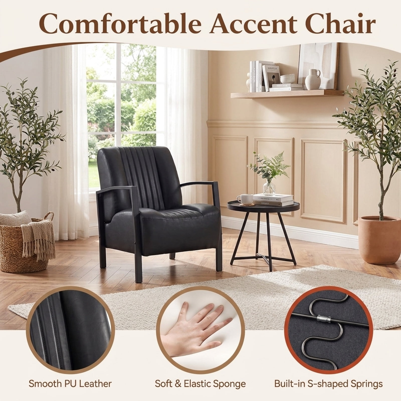 Furnibear PU Leather Upholstered Armchair with Padded Seat Back Ergonomic Support and Metal Legs Comfy Lounge Reading Chair for Living Room, Black